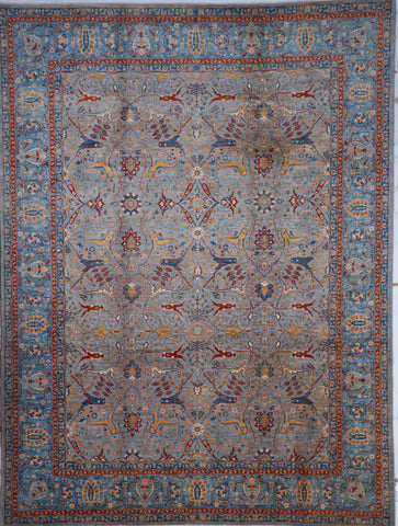 Traditional Handwoven Tabriz Gray Blue Multicolor Wool Rug 9'0 x 11'11