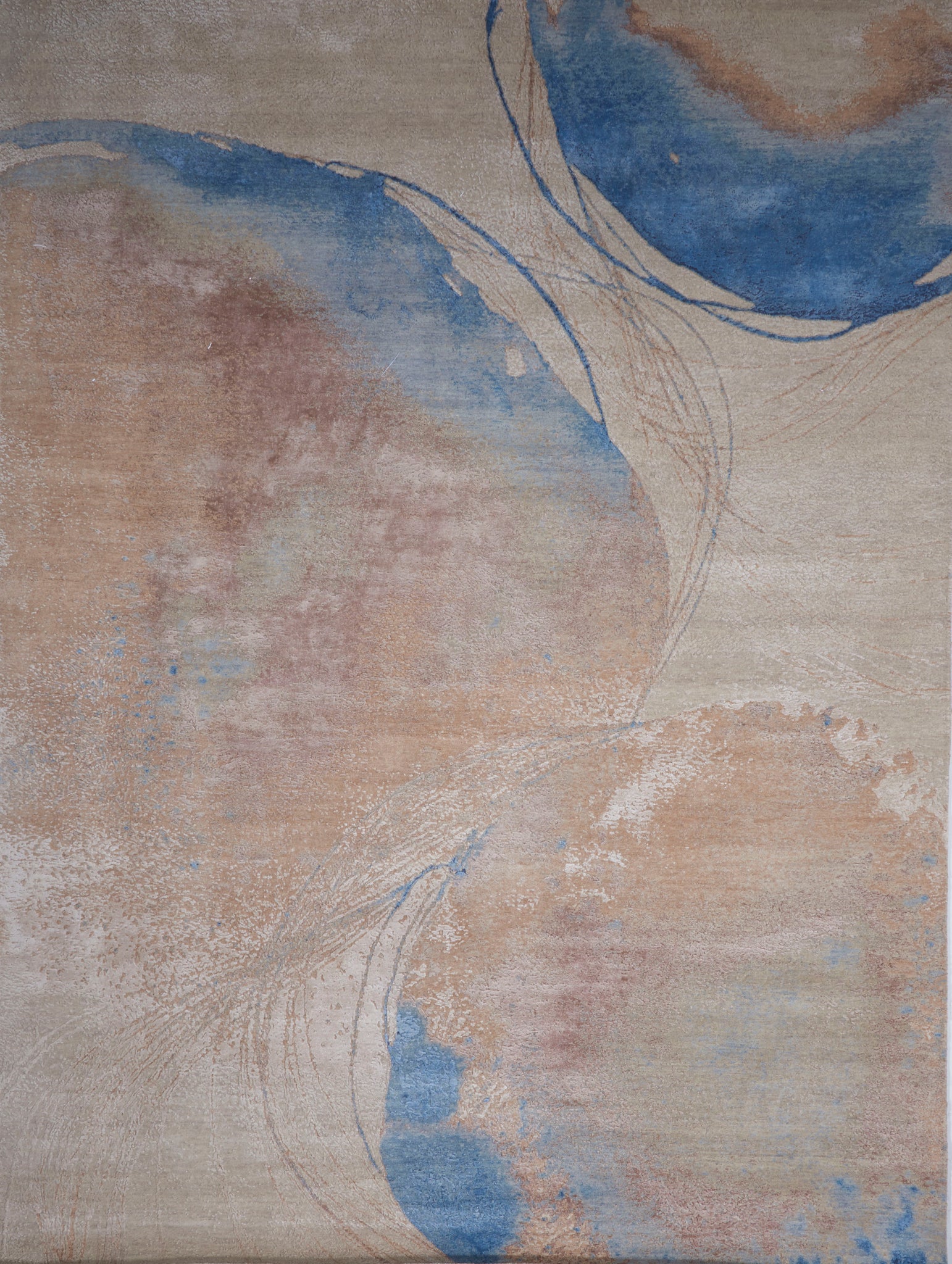 Traditional Hand Knotted Tan Blue Gold Wool & Silk Rug 9' x 12'1