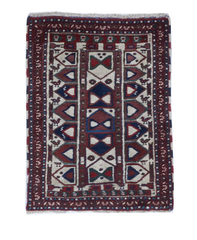 Tribal Handmade Red Blue Ivory Wool Rug 1'10 x 2'6 - IGotYourRug