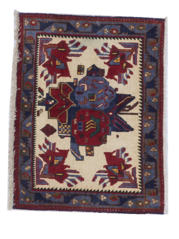 Hamadan Handmade Ivory Red Blue Multicolor Wool Rug 1'10 x 2'6 - IGotYourRug
