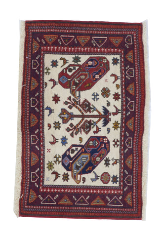 Hamadan Handmade Ivory Red Multicolor Wool Rug 1'9 x 2'10 - IGotYourRug