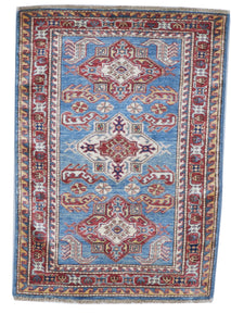 Kazak Handmade Blue Red Multicolor Wool Rug 2'7 x 3'8 - IGotYourRug