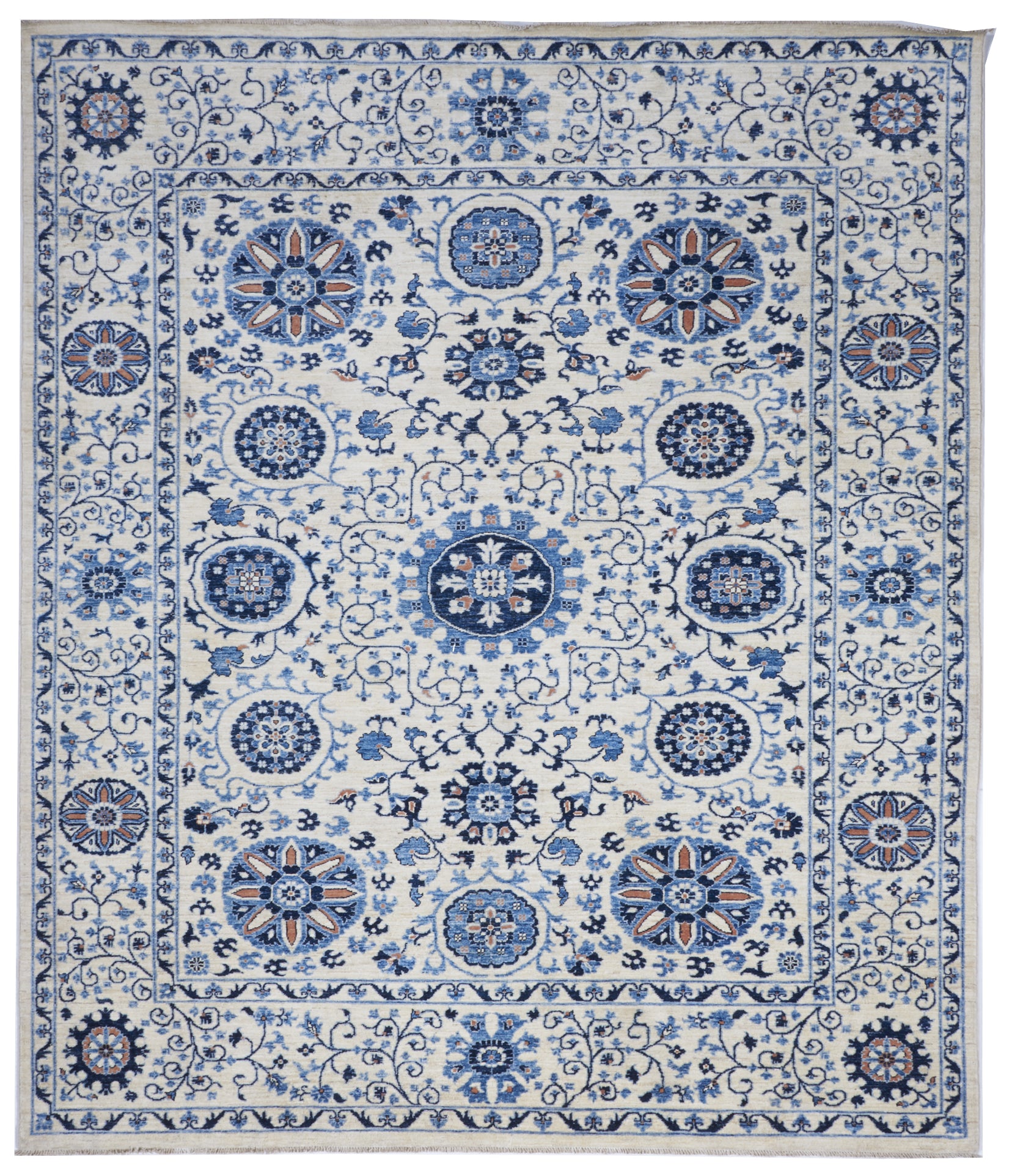 Traditional Handmade Ivory Blue Wool Rug 8'3 x 9'6 - IGotYourRug