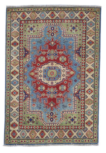 Kazak Handmade Blue Red Multicolor Wool Rug 3'4 x 4'9 - IGotYourRug