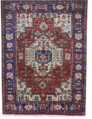 Traditional Handmade Red Ivory Blue Wool Rug 3'6 x 4'9 - IGotYourRug