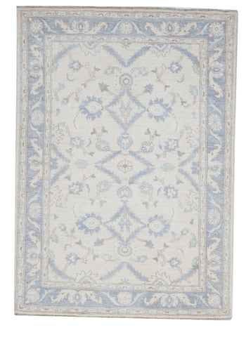 Transitional Handmade Ivory Blue Wool Rug 4'1 x 5'9 - IGotYourRug