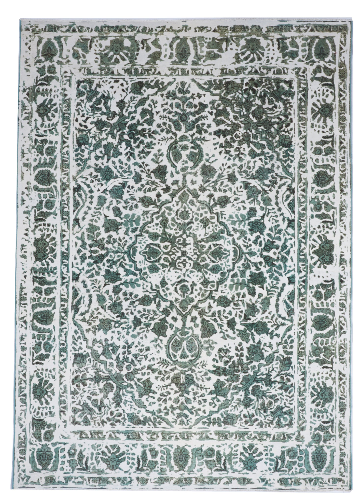 Transitional Overdyed White Green Wool Rug 7'8 x 10'9 - IGotYourRug