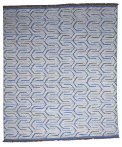 Transitional Flatweave White Blue Wool Rug 8'2 x 9'10 - IGotYourRug