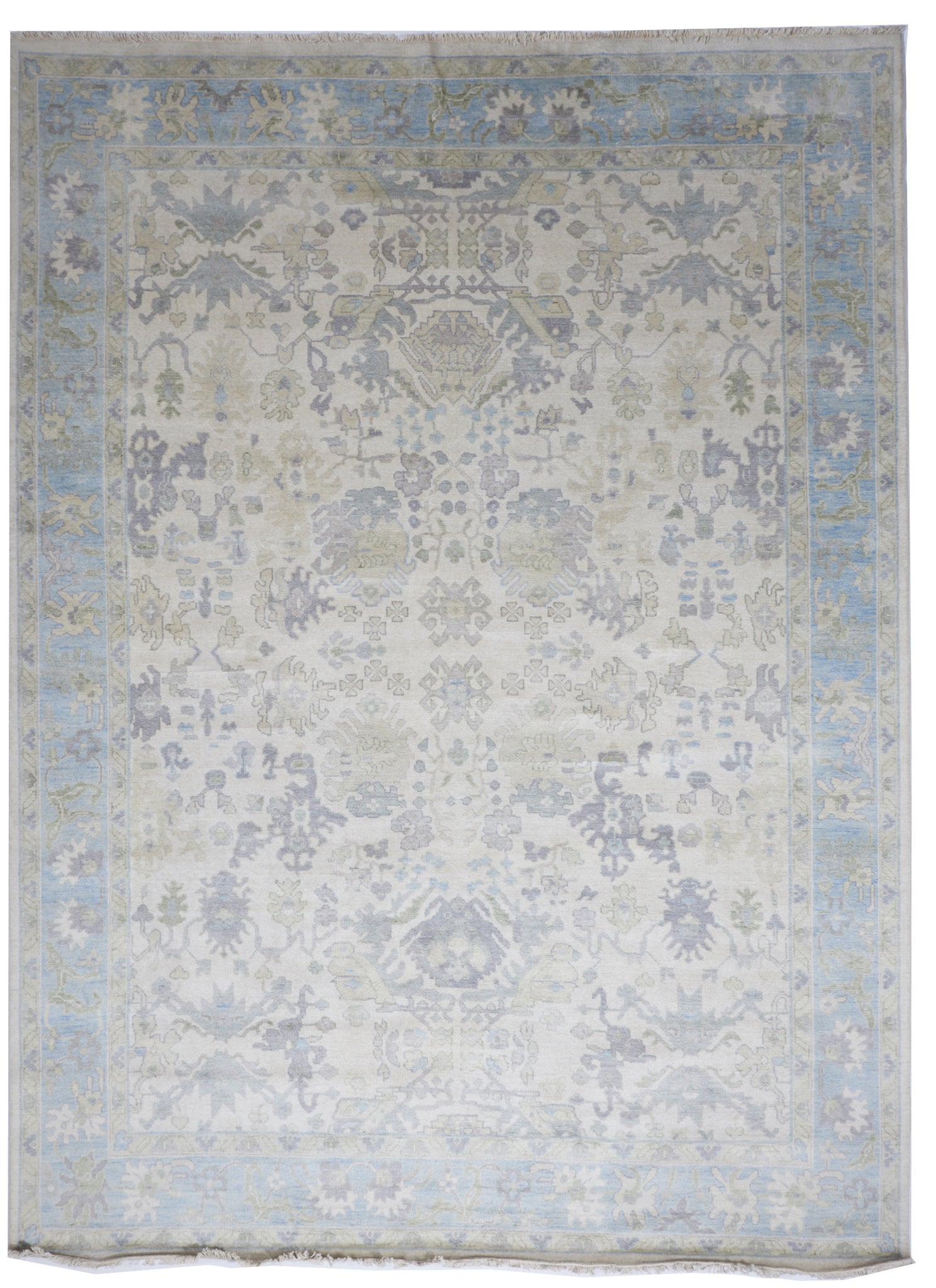 Transitional Handmade Beige Blue Green Wool Rug 8'9 x 11'9 - IGotYourRug