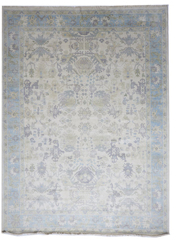 Transitional Handmade Beige Blue Green Wool Rug 8'9 x 11'9 - IGotYourRug