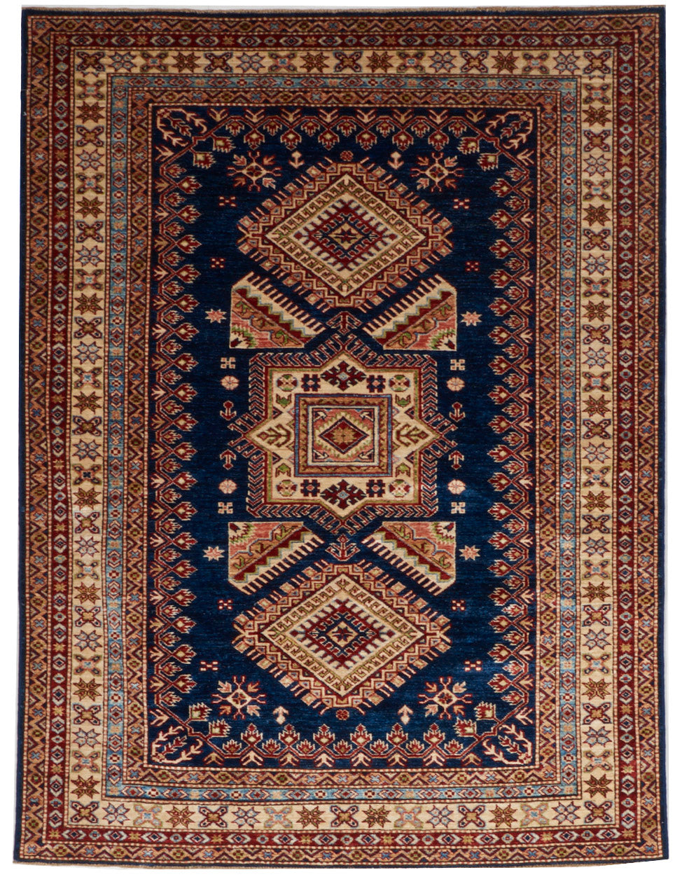 Kazak Handmade Blue Ivory Multicolor Wool Rug 4'10 x 6'5 - IGotYourRug