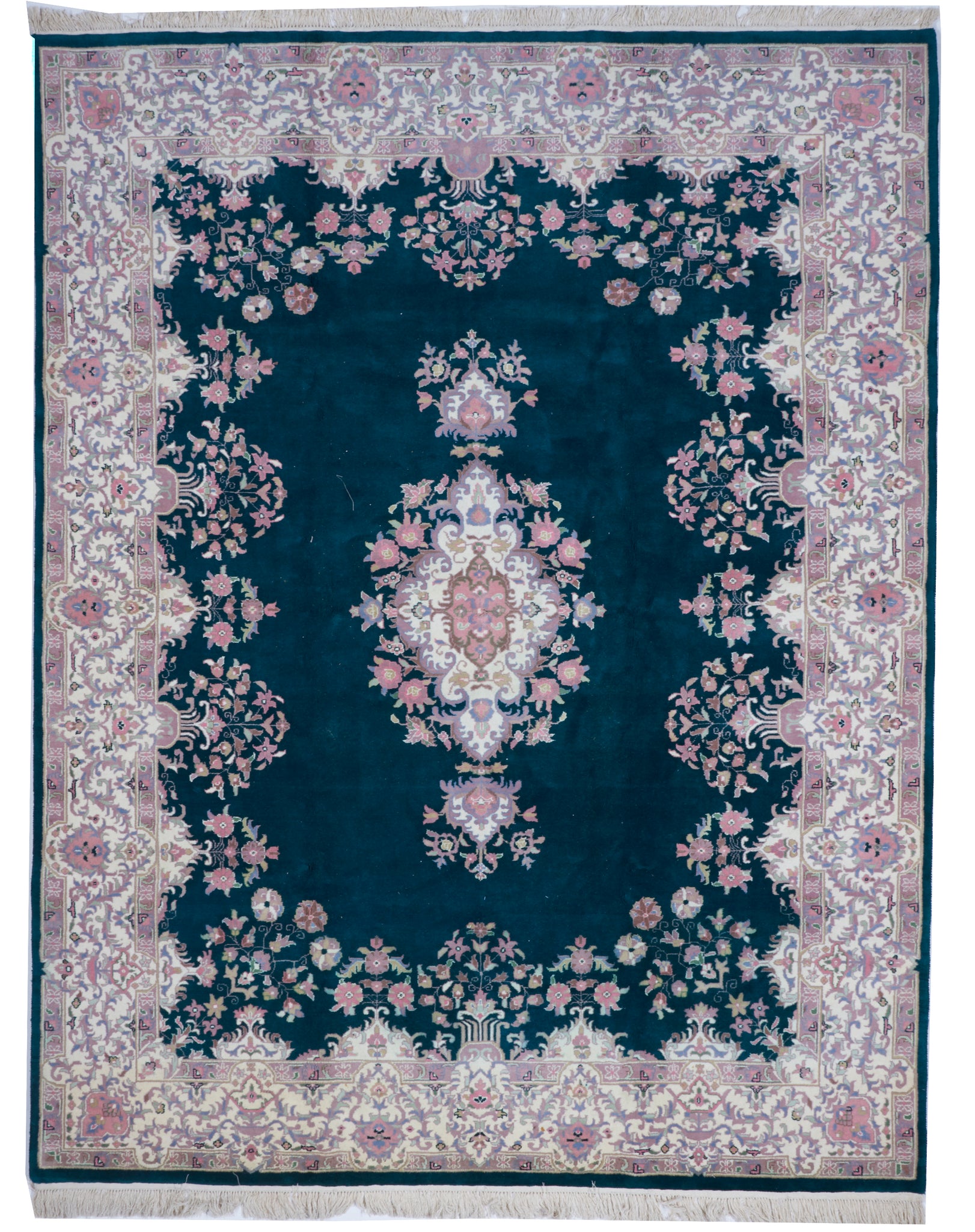 Kerman Floral Hand Knotted Black Ivory Pink Wool Rug 7'10 x 10'1 - IGotYourRug