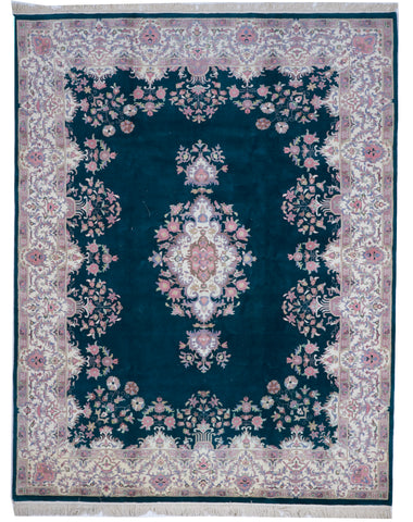 Kerman Floral Hand Knotted Black Ivory Pink Wool Rug 7'10 x 10'1 - IGotYourRug