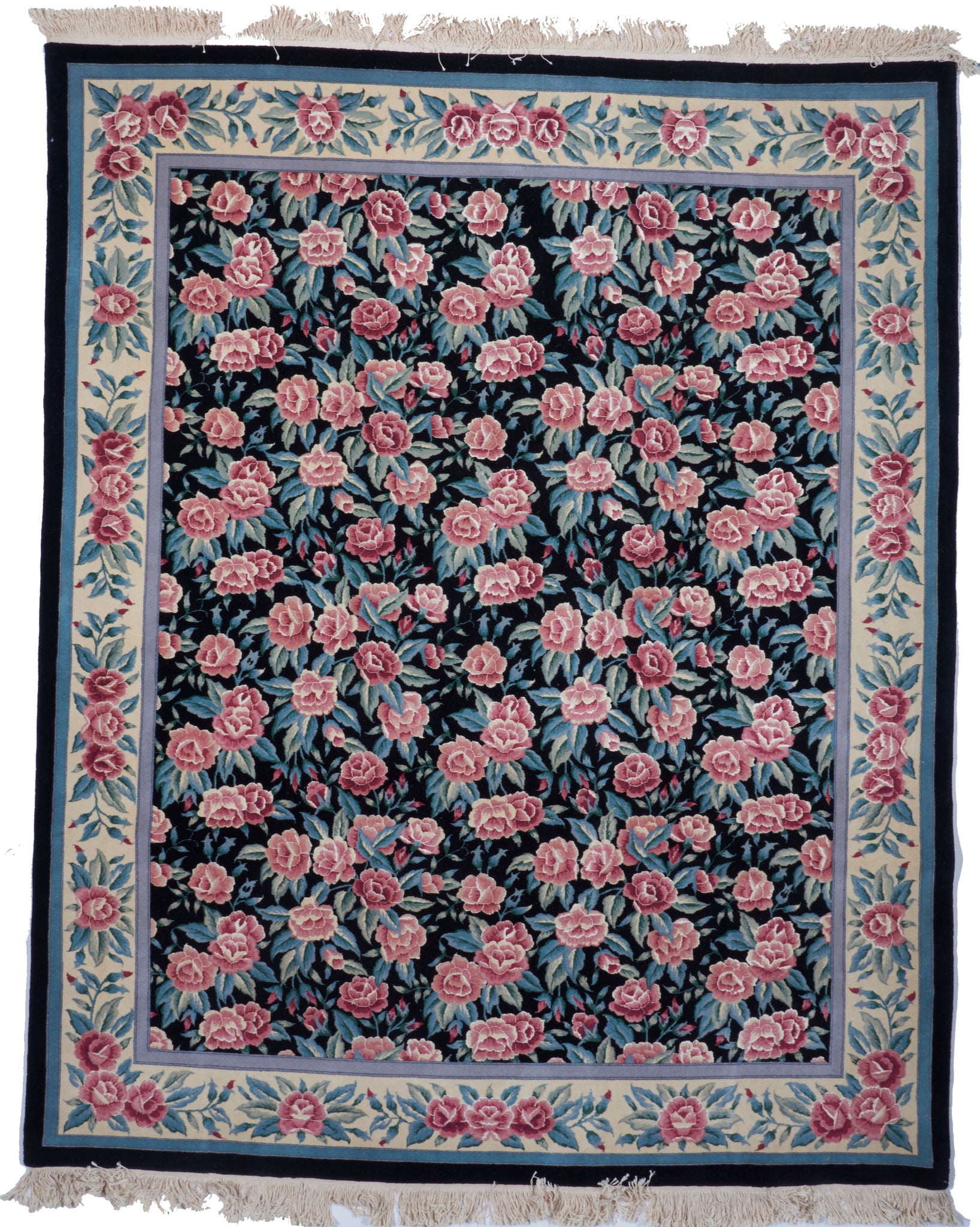 Kerman Floral Hand Knotted Black Pink Green Wool Rug 8'1 x 9'11 - IGotYourRug