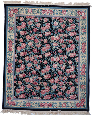 Kerman Floral Hand Knotted Black Pink Green Wool Rug 8'1 x 9'11 - IGotYourRug