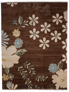 Floral Contemporary Hand Knotted Brown Wool Rug 8'8 x 11'7 - IGotYourRug