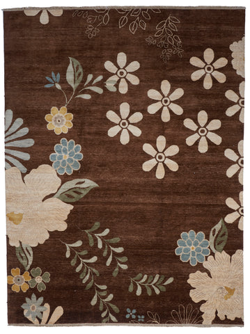 Floral Contemporary Hand Knotted Brown Wool Rug 8'8 x 11'7 - IGotYourRug