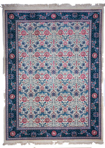 Traditional Floral Hand Knotted Ivory Blue Pink Wool Rug 9' x 12' - IGotYourRug
