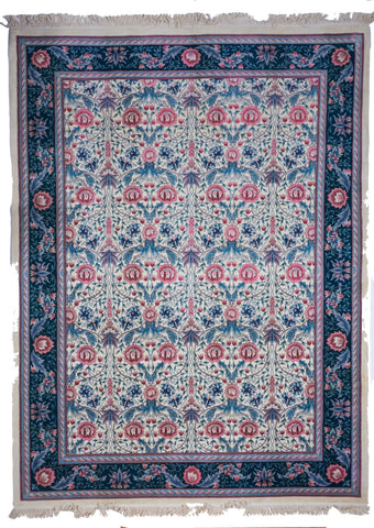 Traditional Floral Hand Knotted Ivory Blue Pink Wool Rug 9' x 12' - IGotYourRug