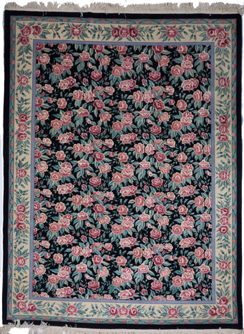 Floral Traditional Hand Knotted Black Wool Silk Rug 9' x 12'11 - IGotYourRug