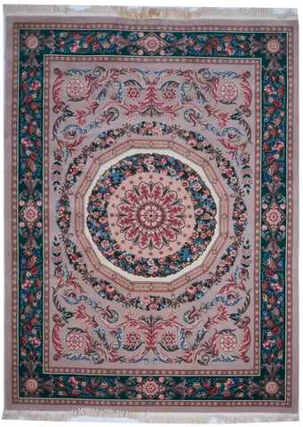 Traditional Hand Knotted Beige Green Pink Wool Rug 9' x 12' - IGotYourRug