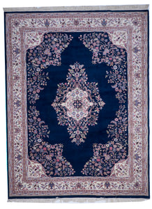 Traditional Hand Knotted Navy Blue Ivory Wool Rug 8'10 x 11'7 - IGotYourRug