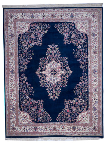 Traditional Hand Knotted Navy Blue Ivory Wool Rug 8'10 x 11'7 - IGotYourRug