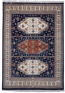 Traditional Hand Knotted Navy Blue Ivory Wool Rug 8'5 x 11'11 - IGotYourRug