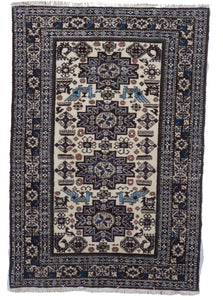 Traditional Hand Knotted Ivory Blue Wool Rug 3'9 x 5'3 - IGotYourRug