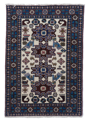 Traditional Hand Knotted Ivory Blue Wool Rug 3'7 x 5'2 - IGotYourRug