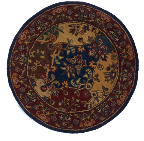 Traditional Tufted Navy Blue Multicolor Wool Round Rug 3'5 x 3'5 - IGotYourRug