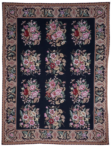 Needlepoint Traditional Tapestry Black Pink Multicolor Wool Rug 8'10 x 11'9 - IGotYourRug