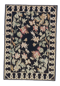Aubusson Traditional Floral Tapestry Black Multicolor Wool Rug 2'7 x 3'8 - IGotYourRug