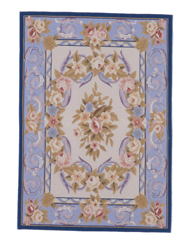 Needlepoint Traditional Floral Tapestry Ivory Blue Multicolor Wool Rug 2'7 x 3'8 - IGotYourRug