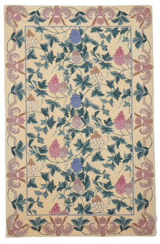 Floral Traditional Hooked Beige Blue Green Pink Wool Rug 5'3 x 8'1 - IGotYourRug