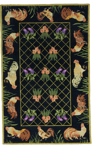 Rooster Traditional Hooked Black Multicolor Wool Rug 5' x 8' - IGotYourRug