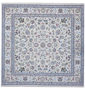 Nain Traditional Hand Knotted Ivory Blue Wool & Art Silk Rug 8'1 Square - IGotYourRug