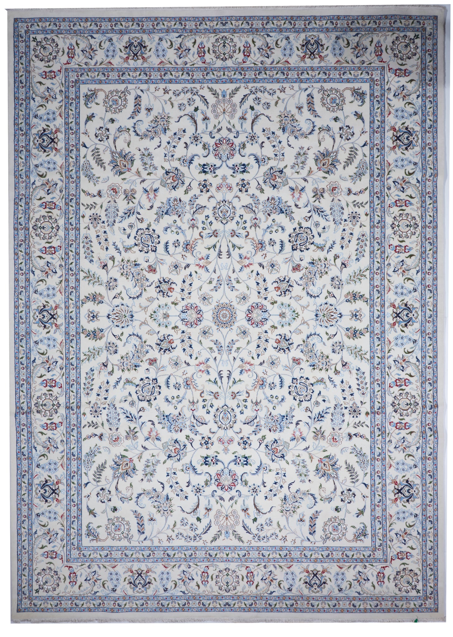 Nain Traditional Hand Knotted Ivory Blue Wool & Art Silk Rug 10' x 14' - IGotYourRug