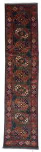 Ersari Traditional Hand Knotted Green Red Multicolor Runner Rug 2'7 x 11'