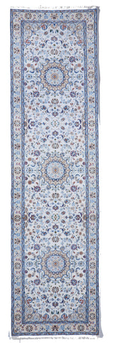 Nain Traditional Hand Knotted White Ivory Blue Runner Rug 2'9 x 10'1