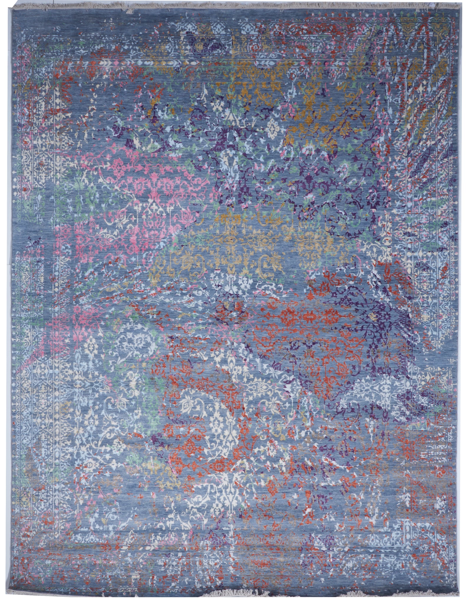 Chobi Transitional Handmade Blue Multicolor Wool Rug 8'11 x 11'10