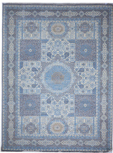 Chobi Transitional Handmade Blue Gray Ivory Wool Rug 9'2 x 12'3