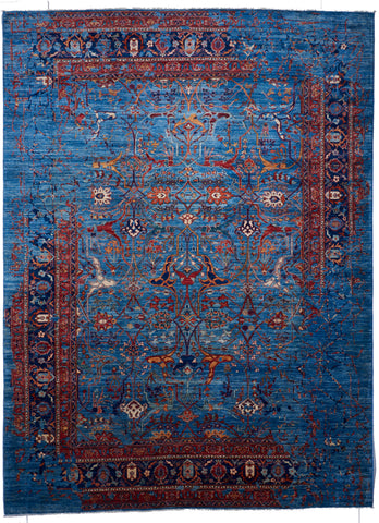 Chobi Transitional Handmade Blue Red Wool Rug 9' x 12'2