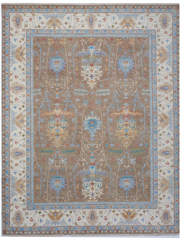 Chobi Transitional Handmade Brown Beige Blue Wool Rug 8'3 x 10'3