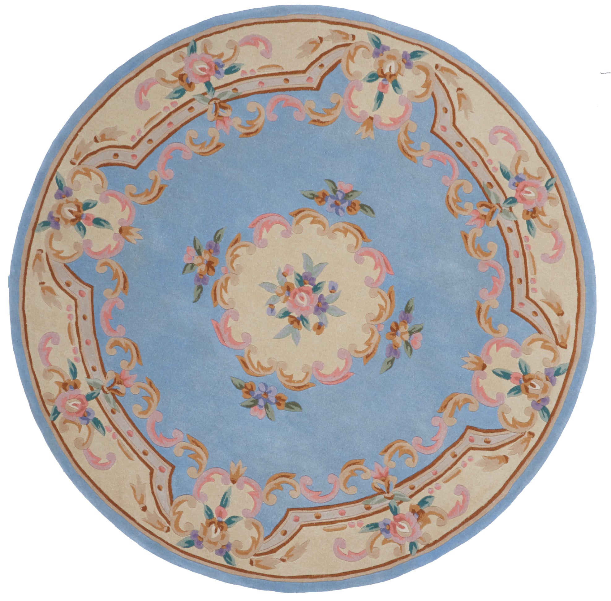 Traditional Tufted Blue Beige Wool Round Rug 7' x 7' - IGotYourRug